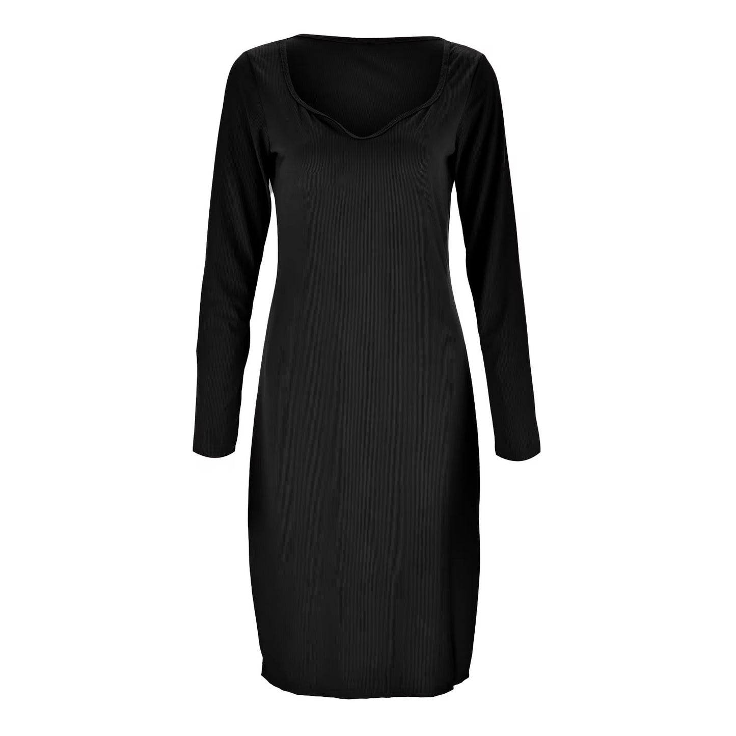 Elegant Square Collar Elegant Ribbed Knitted Slit Dress for Women, Autumn/Winter 